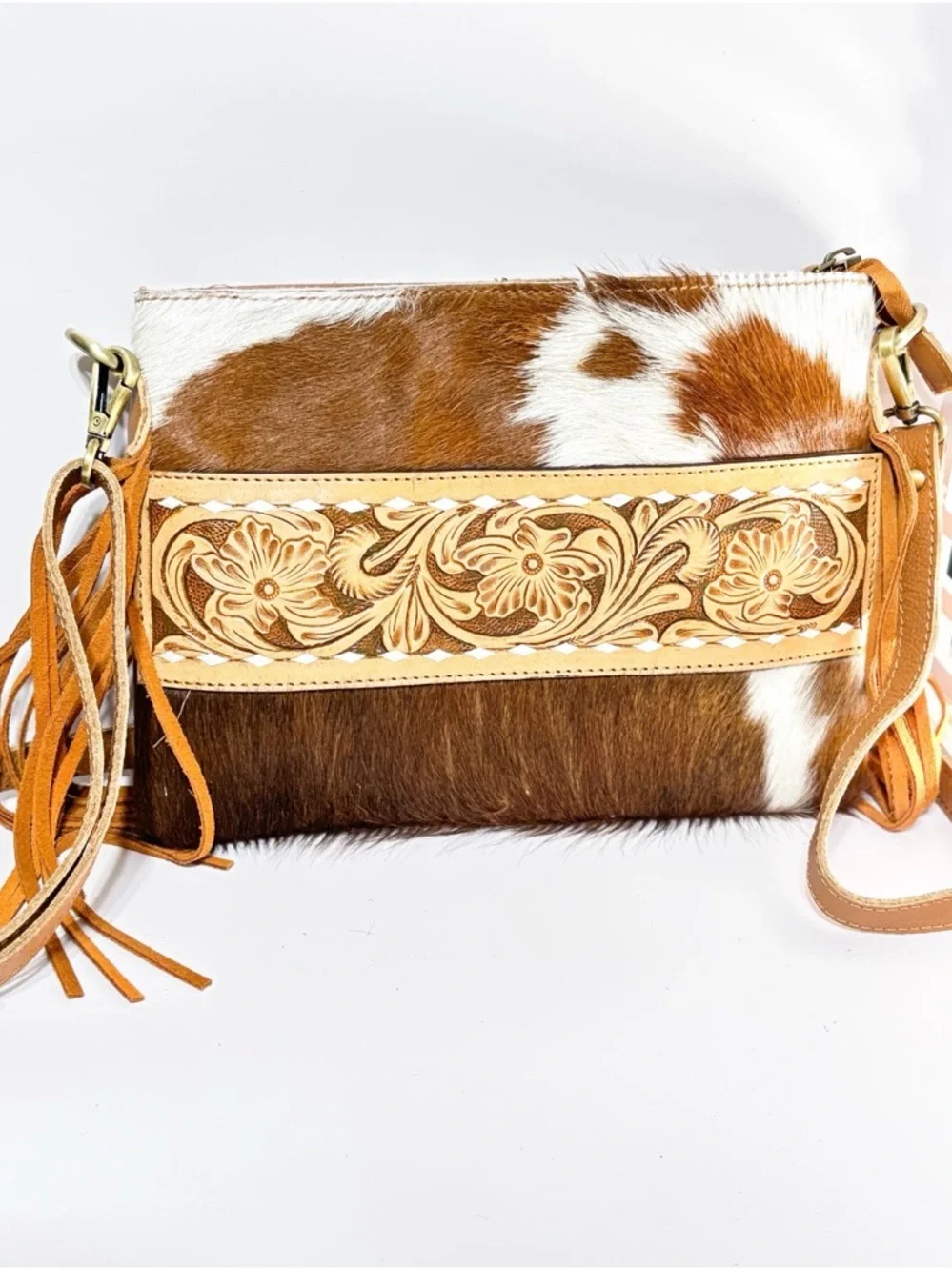 Western Cowhide & Tooled Leather Fringe Crossbody Bag - Picture 2 of 4